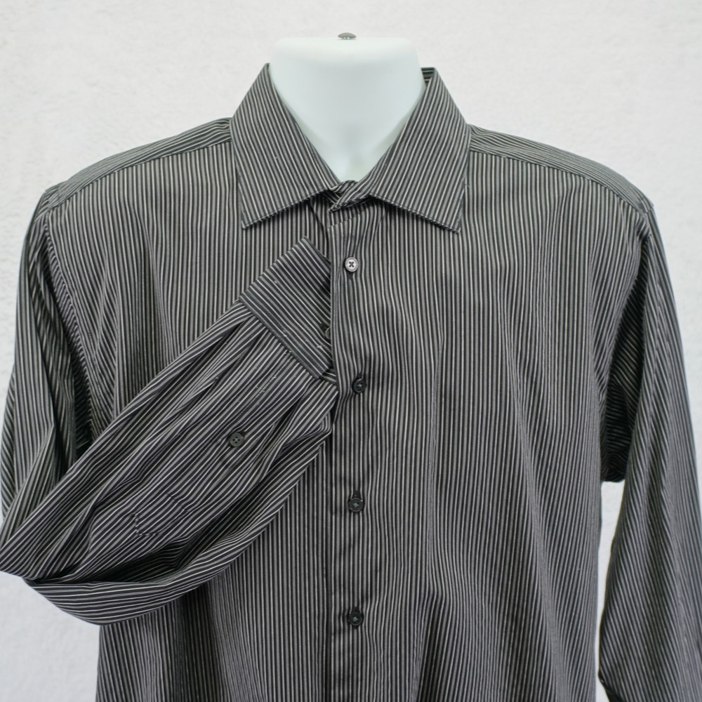 Calvin Klein Collared Dress Shirt -16 32/33- Black Striped Cotton Long Sleeve